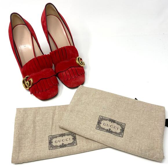 Gucci Marmont Interlocking GG Red Suede Leather Block Heel Fringe Pumps EU 37.5 - Picture 2 of 14